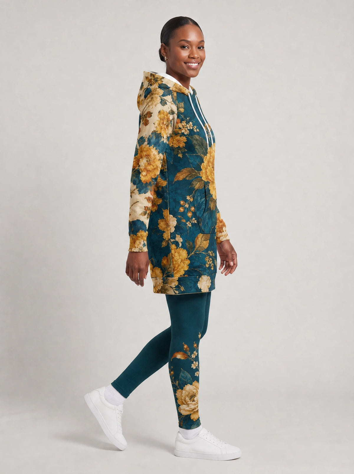 "Nyuki" Hoodie Dress — side view on model, styled with the matching leggings