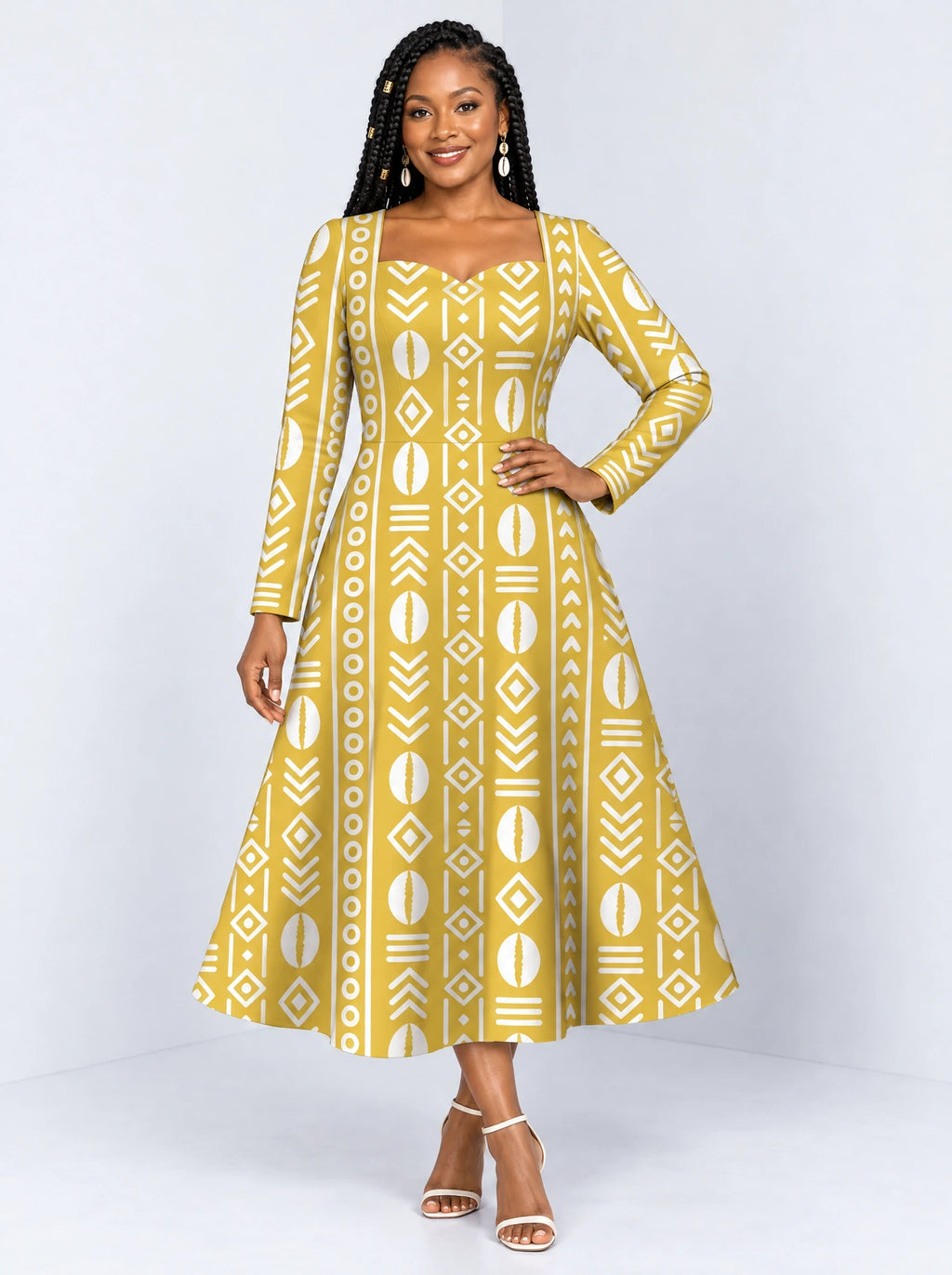 "Oshun Dhahabu" Long Sleeve Sweetheart Midi Dress — front view on model