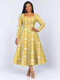 "Oshun Dhahabu" Long Sleeve Sweetheart Midi Dress