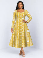"Oshun Dhahabu" Long Sleeve Sweetheart Midi Dress — front view on model