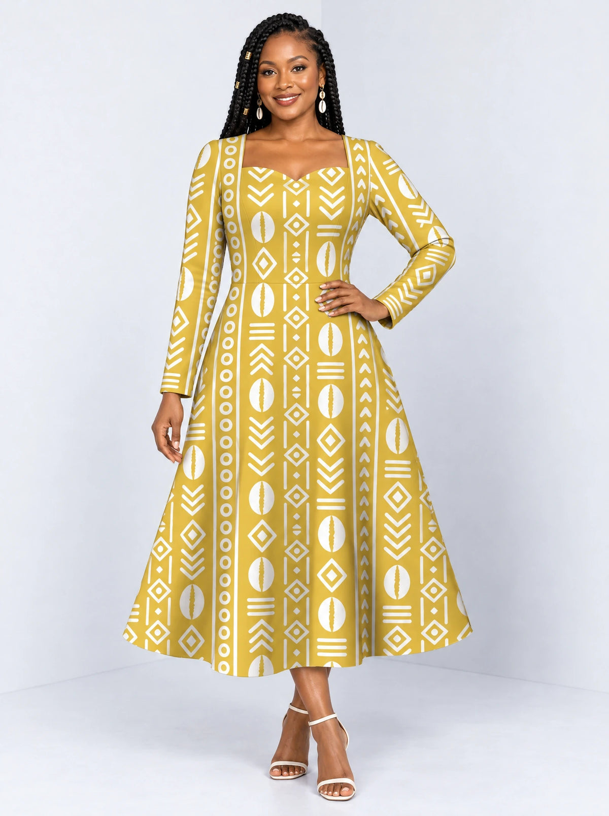 "Oshun Dhahabu" Long Sleeve Sweetheart Midi Dress — front view on model