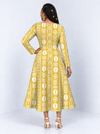 "Oshun Dhahabu" Long Sleeve Sweetheart Midi Dress — back view on model