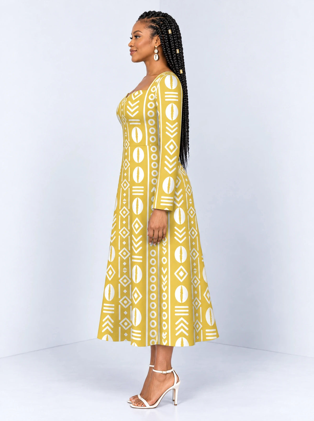 "Oshun Dhahabu" Long Sleeve Sweetheart Midi Dress — side view on model