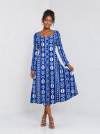 "Oshun Royal Blue" Long Sleeve Sweetheart Midi Dress — front view on model