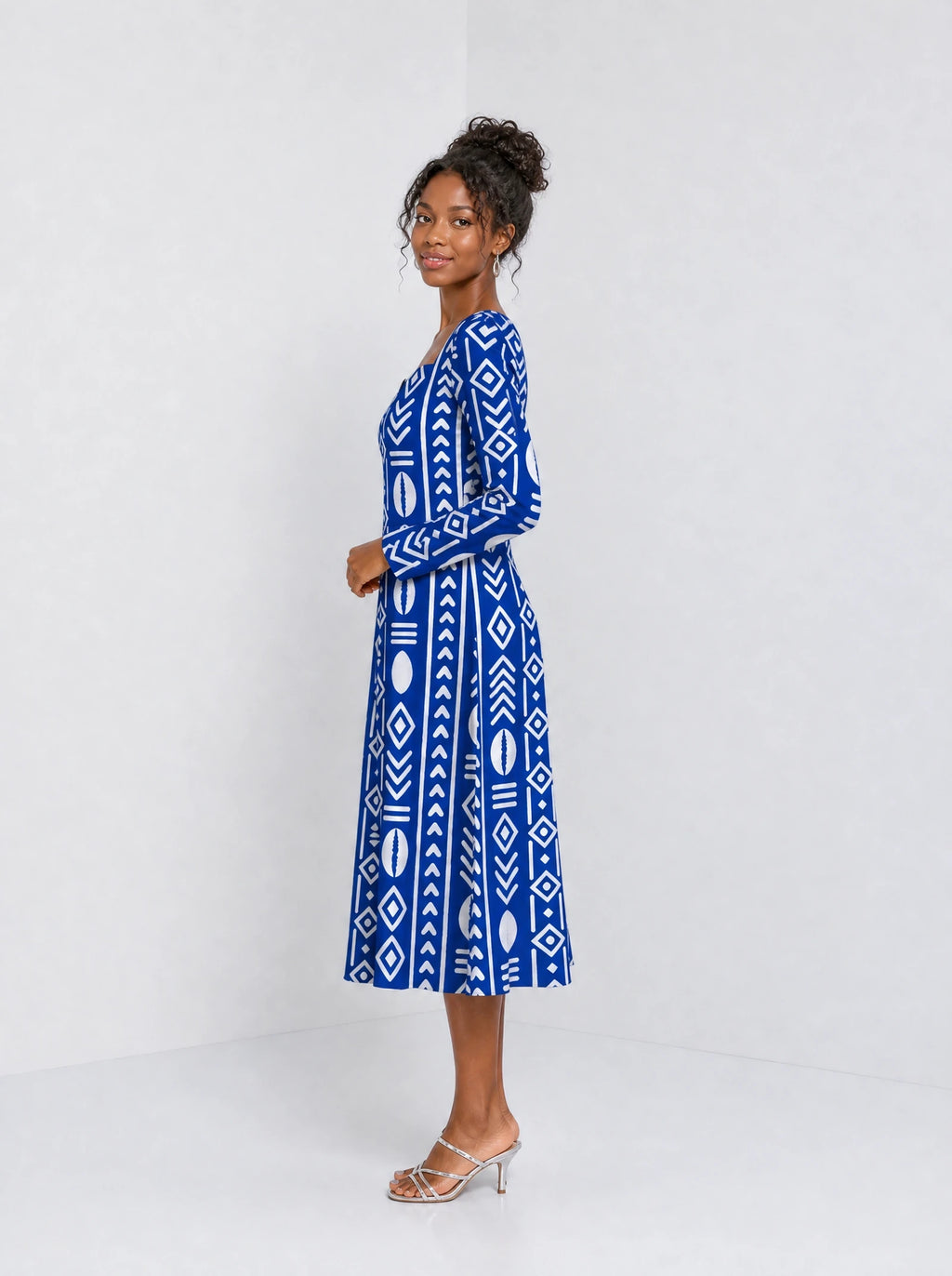"Oshun Royal Blue" Long Sleeve Sweetheart Midi Dress — side view on model