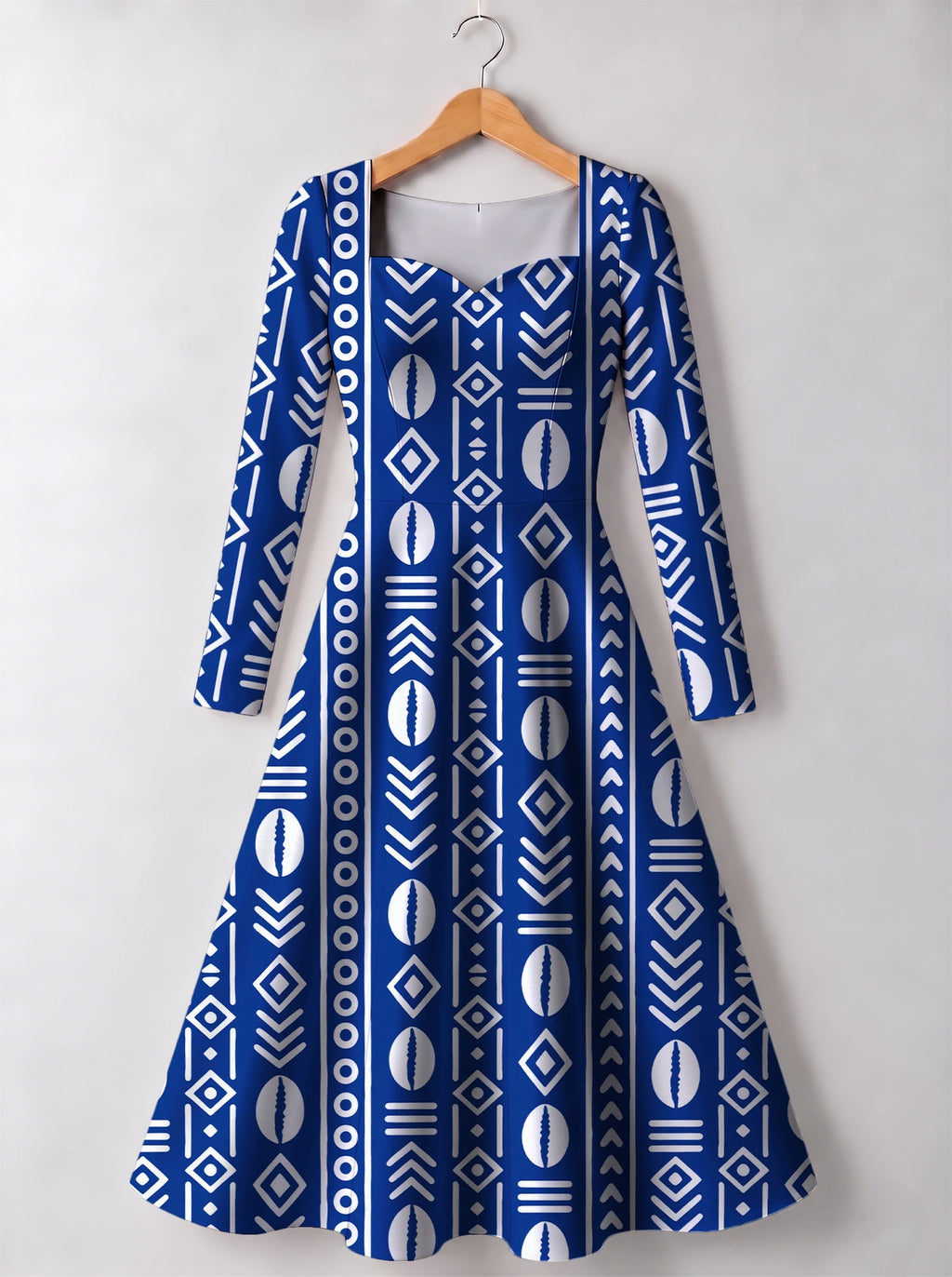"Oshun Royal Blue" Long Sleeve Sweetheart Midi Dress — front view