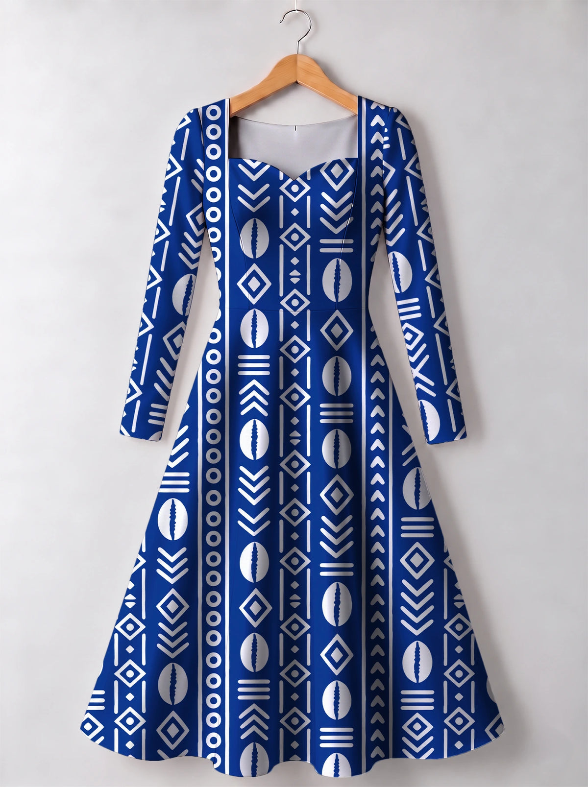 "Oshun Royal Blue" Long Sleeve Sweetheart Midi Dress — front view