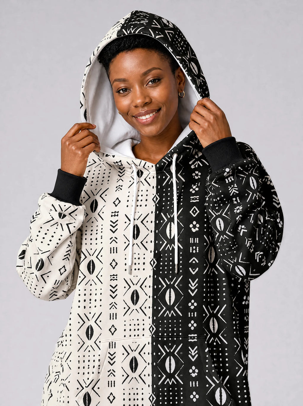 "Pacha" Hoodie Dress — close-up on model, hood up, styled with the matching leggings