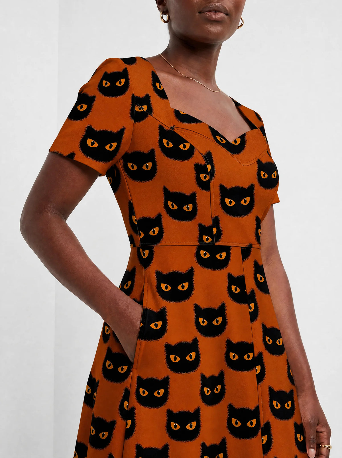 "Paka" Halloween Sweetheart Midi Dress — close-up of the bodice and the in-seam side pocket