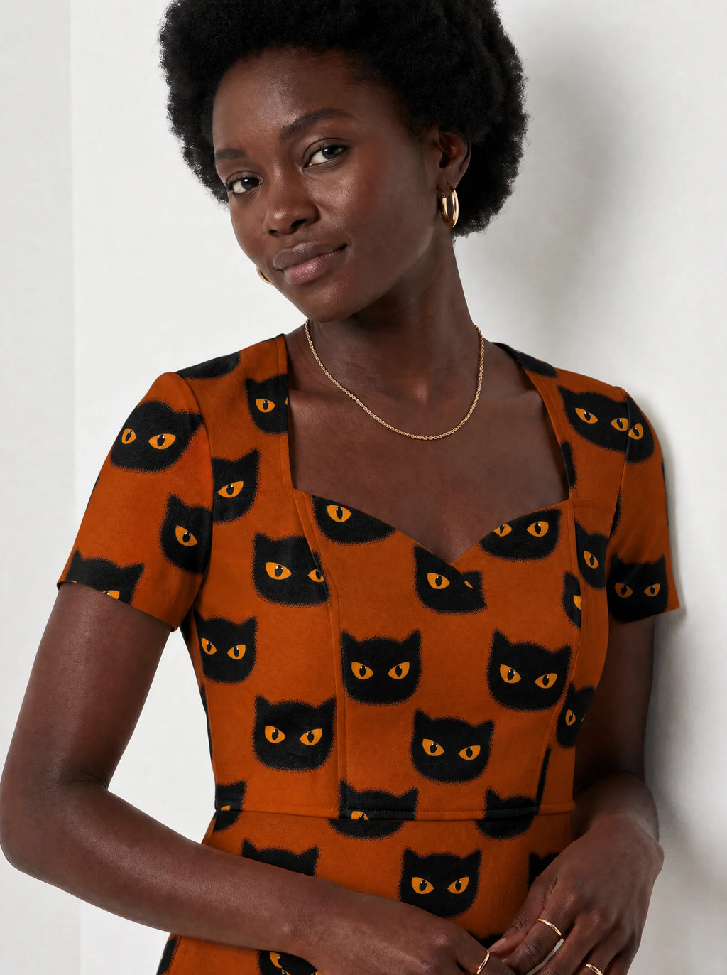 "Paka" Halloween Sweetheart Midi Dress — close-up of the sweetheart neckline and short sleeve