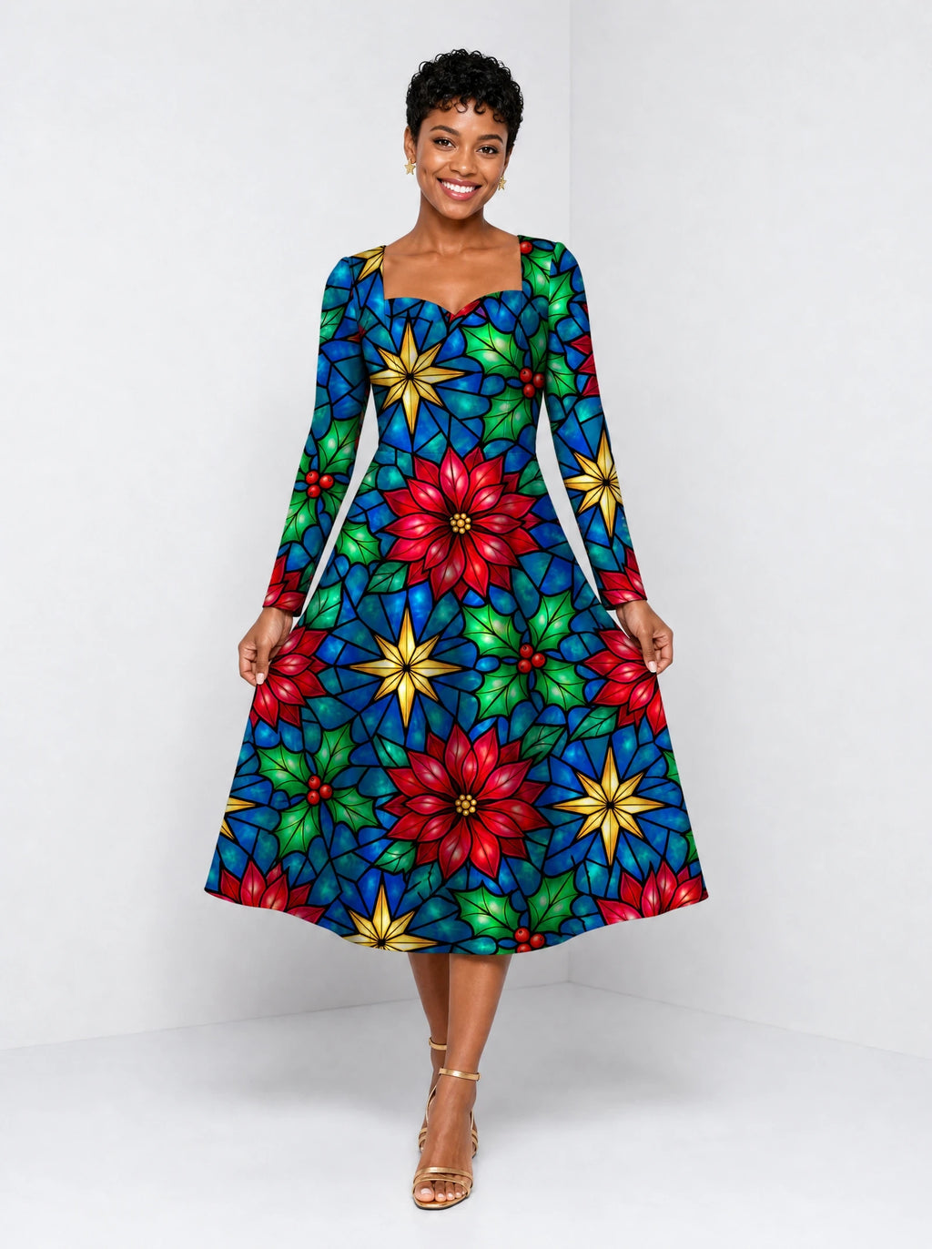 "Pendo" Long Sleeve Sweetheart Midi Dress — front view on model