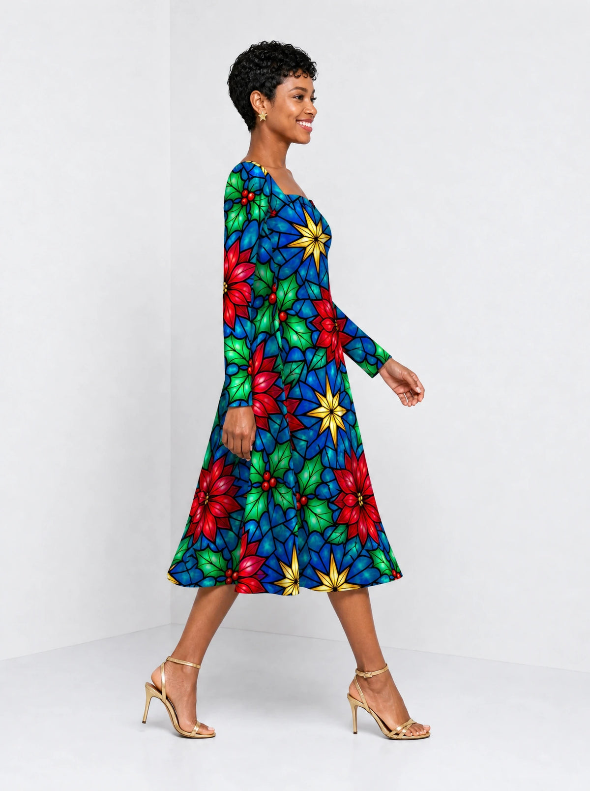 "Pendo" Long Sleeve Sweetheart Midi Dress — side view on model