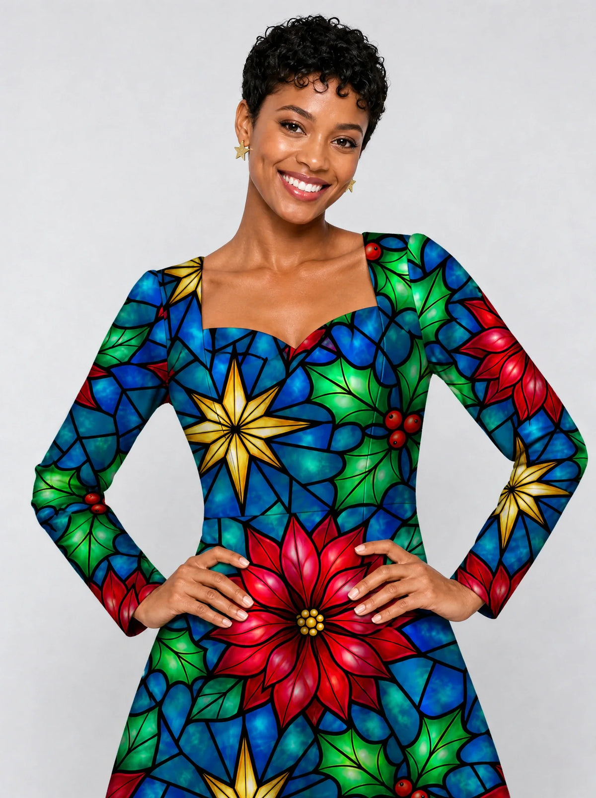 "Pendo" Long Sleeve Sweetheart Midi Dress — print close-up on model