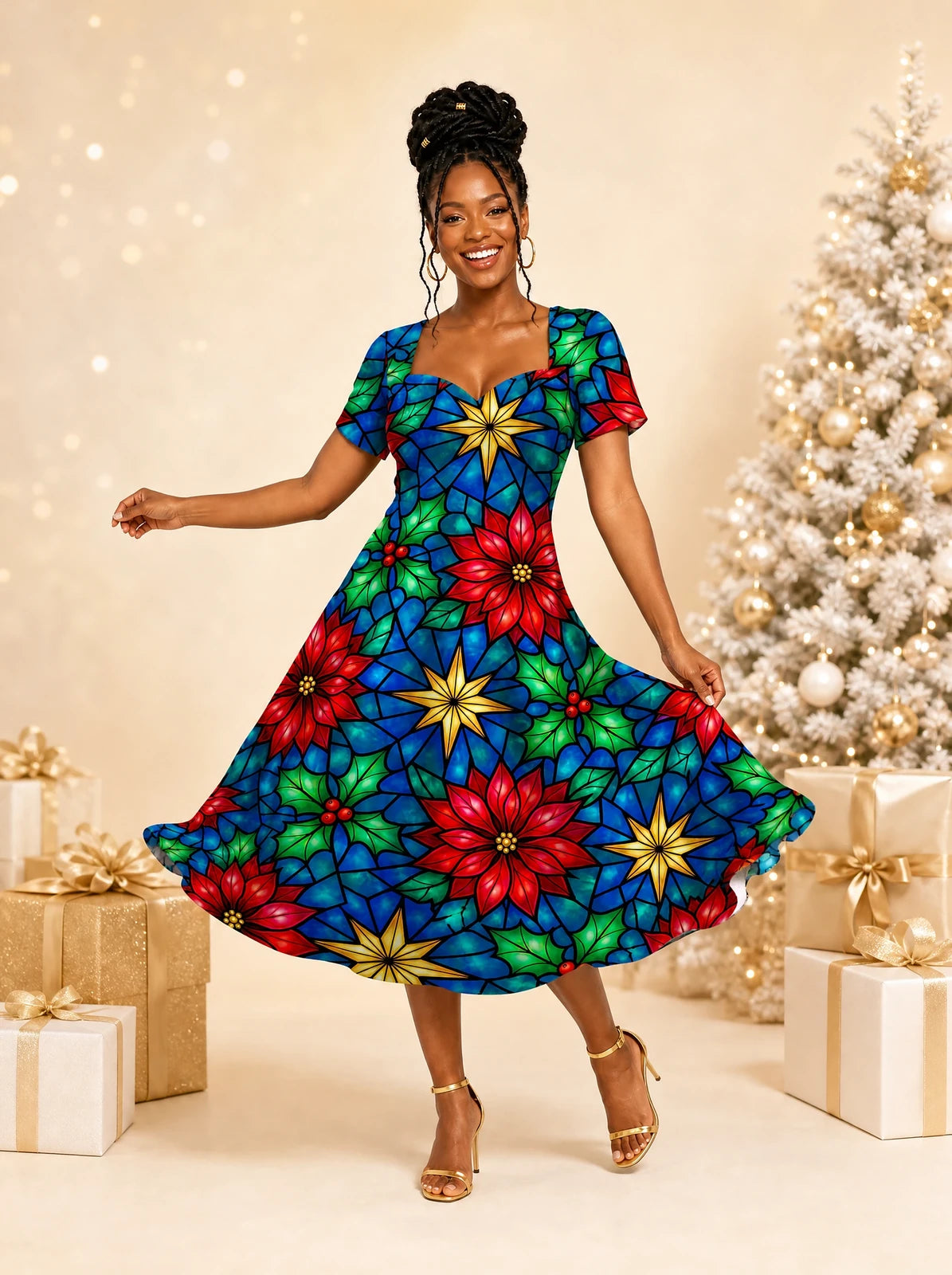 "Pendo" Sweetheart Midi Dress — on model, Christmas backdrop