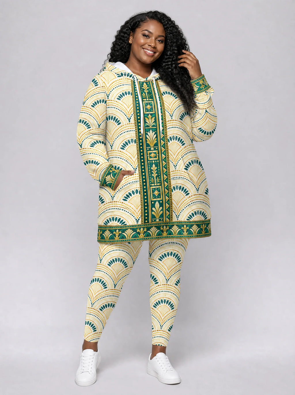 "Pepeo" Hoodie Dress — front view on model, styled with the matching leggings