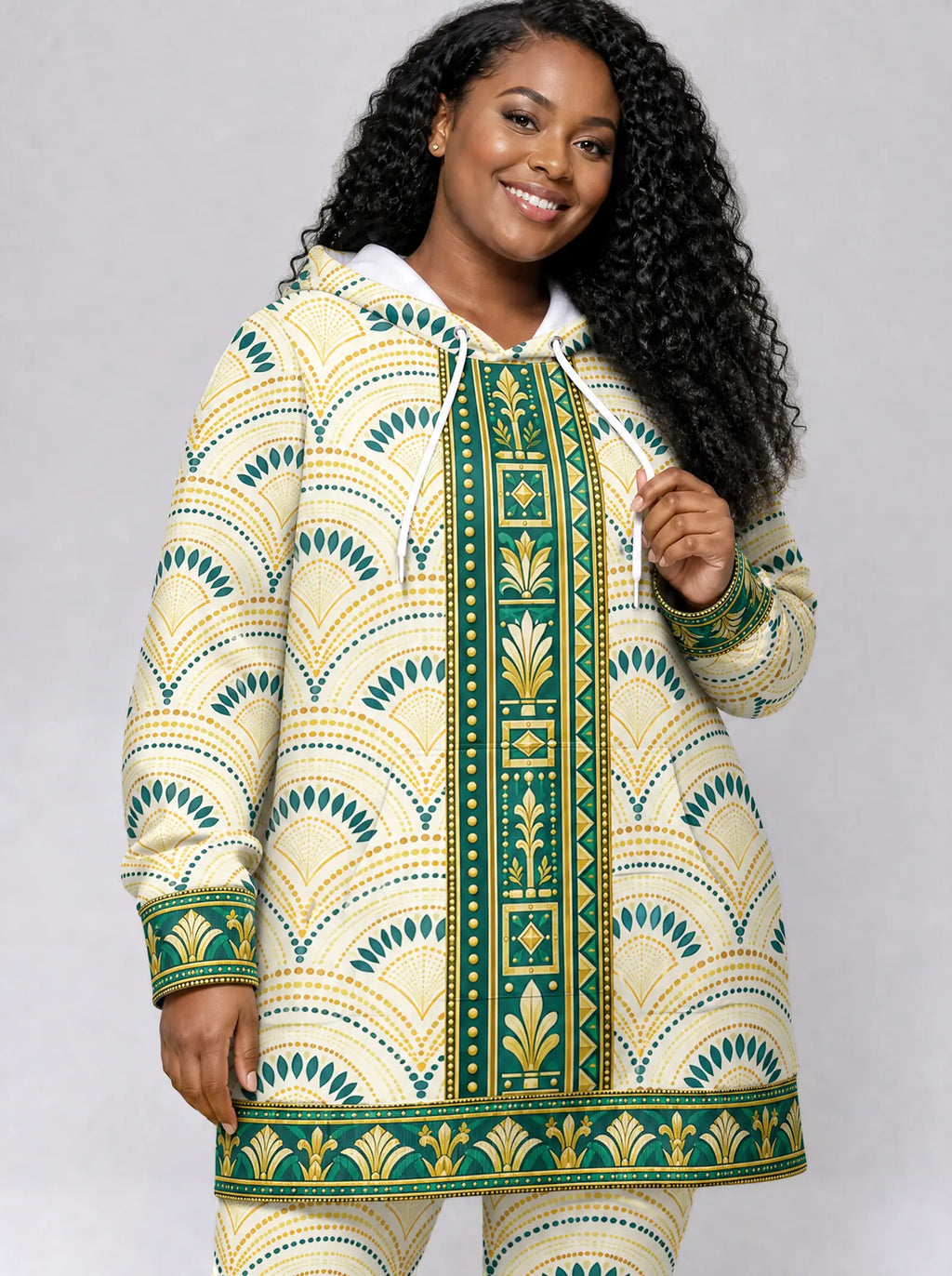 "Pepeo" Hoodie Dress — close-up on model, styled with the matching leggings