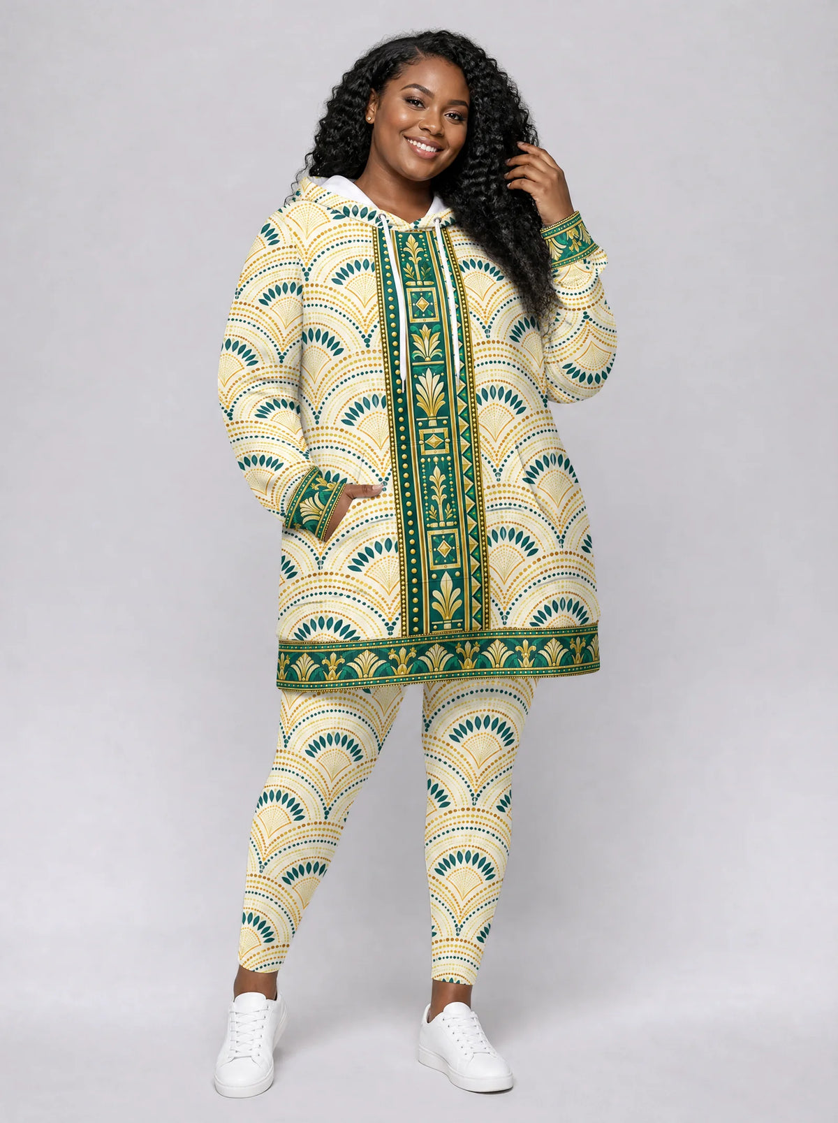 "Pepeo" Leggings — full length on model, styled with the matching hoodie dress