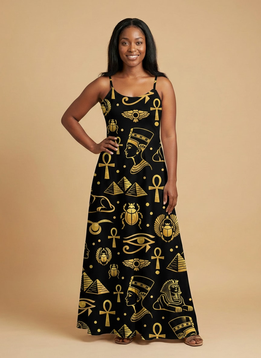 "Nefertiti" Black Gold Maxi Dress