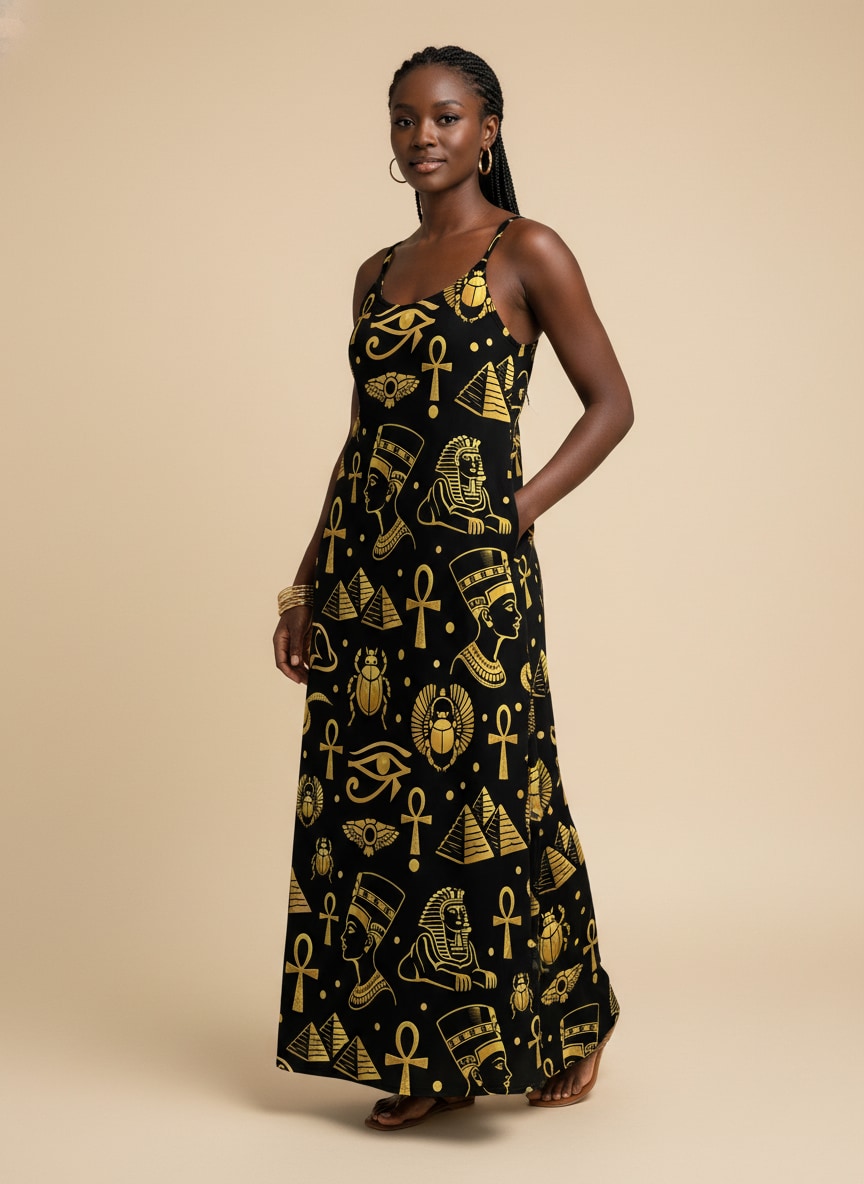 "Nefertiti" Black Gold Maxi Dress