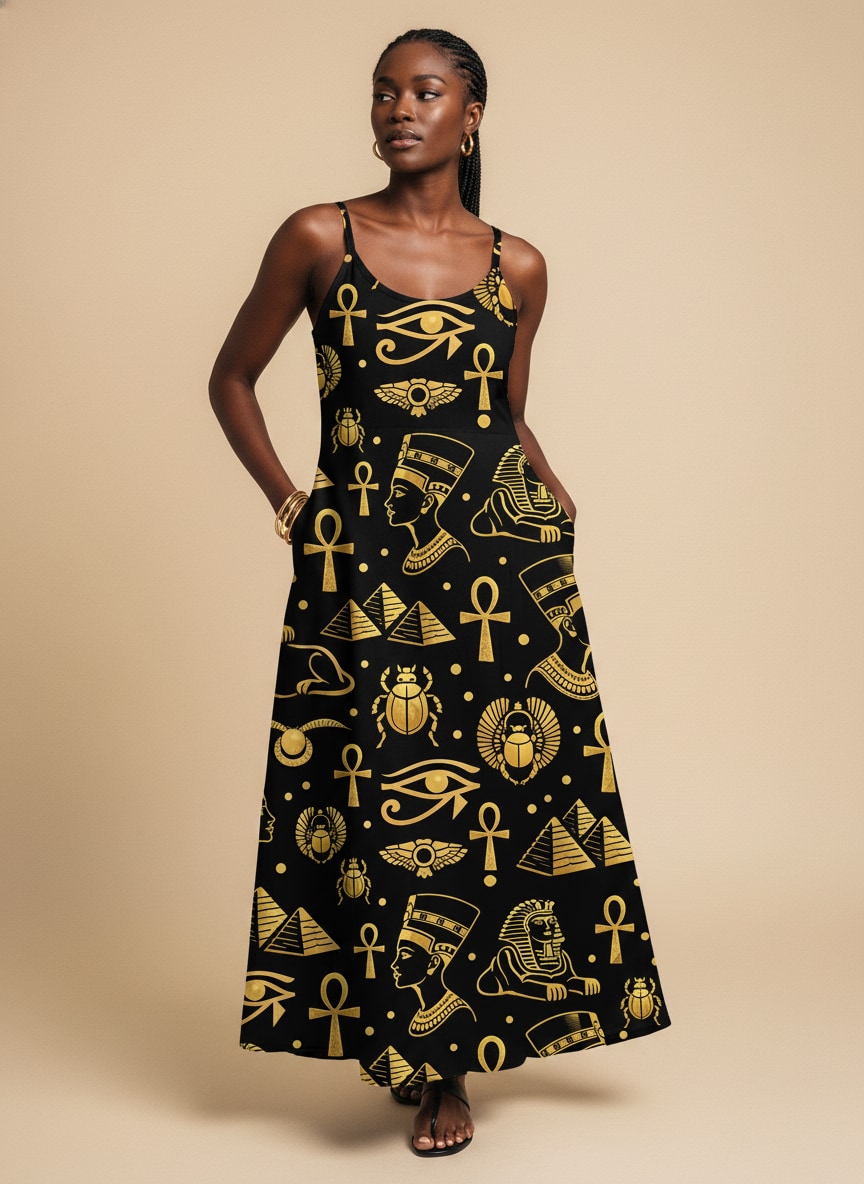 "Nefertiti" Black Gold Maxi Dress
