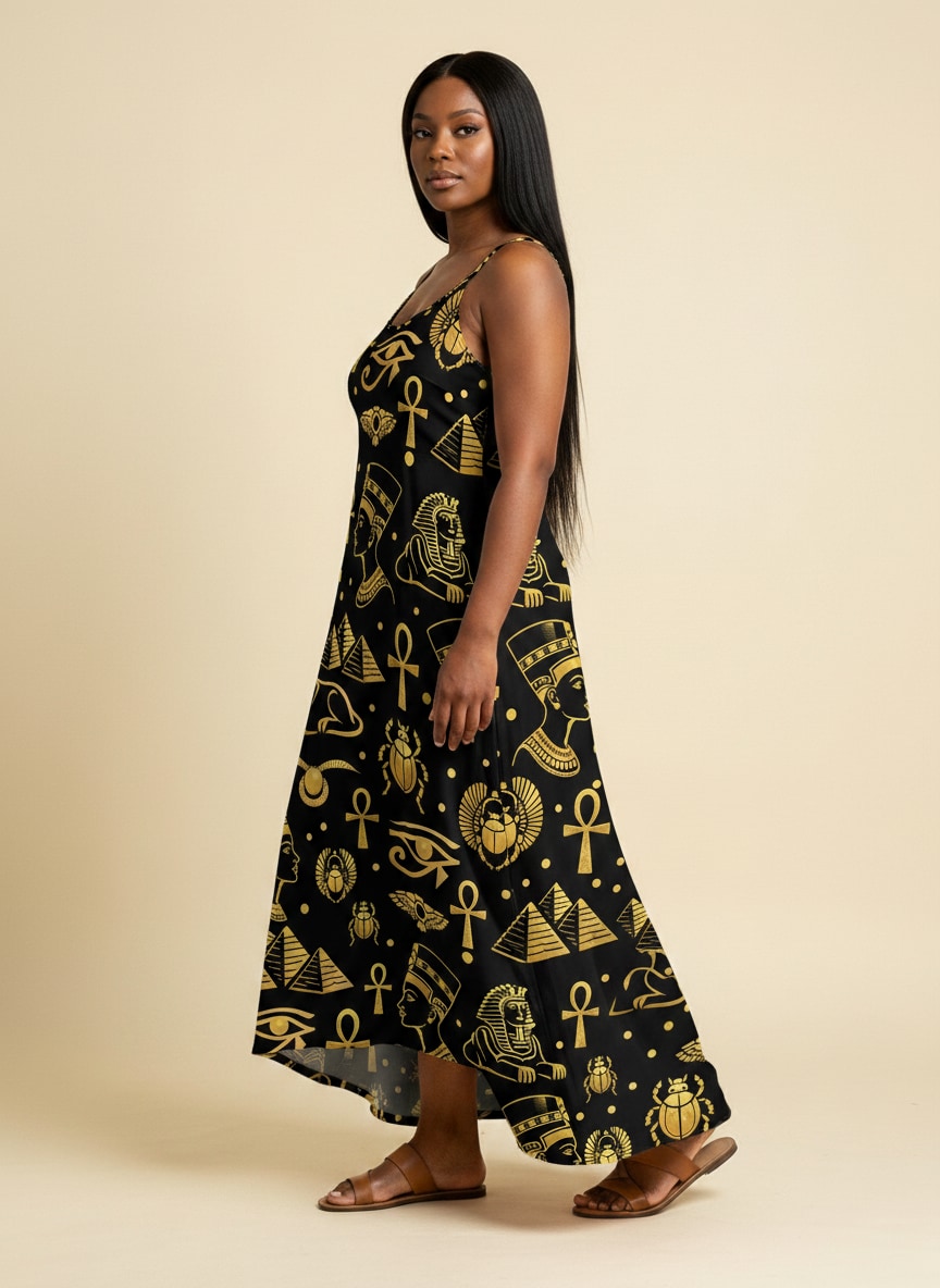 "Nefertiti" Black Gold Maxi Dress