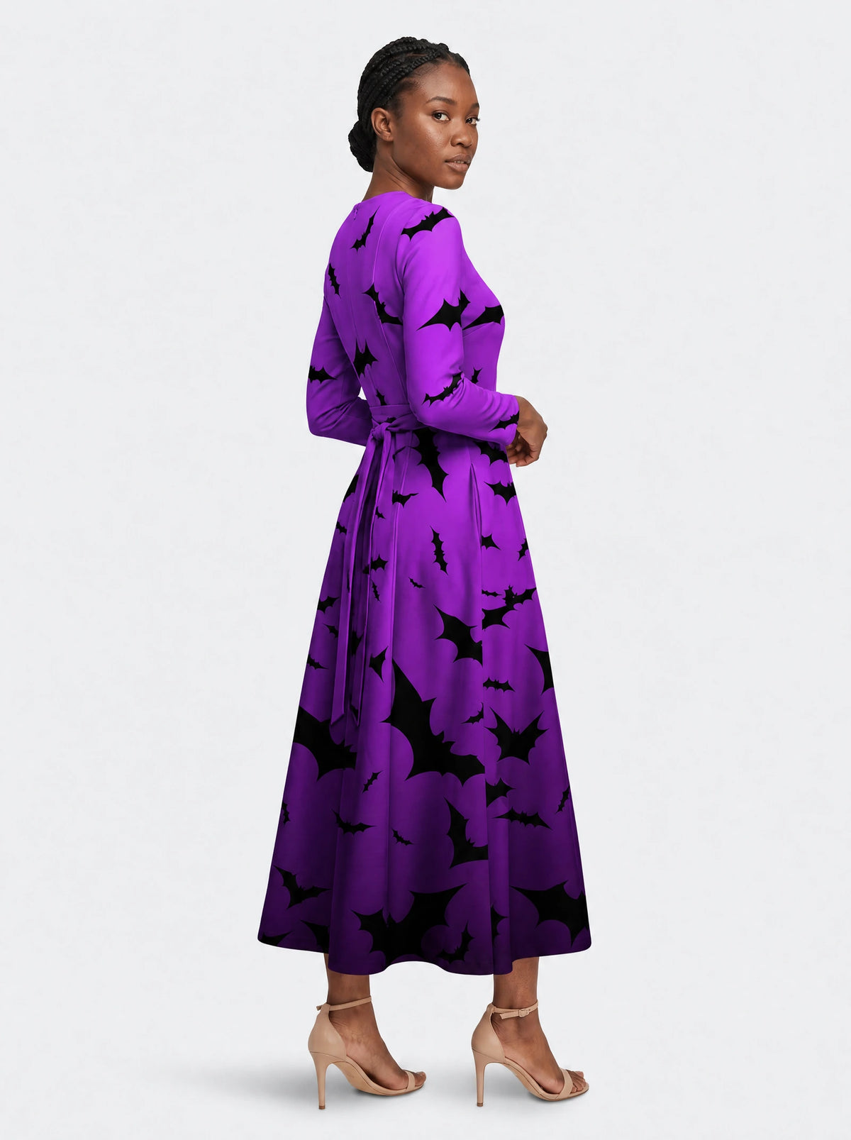 "Popo" Halloween Long Sleeve Midaxi Dress — three-quarter view on model, hand in the side pocket