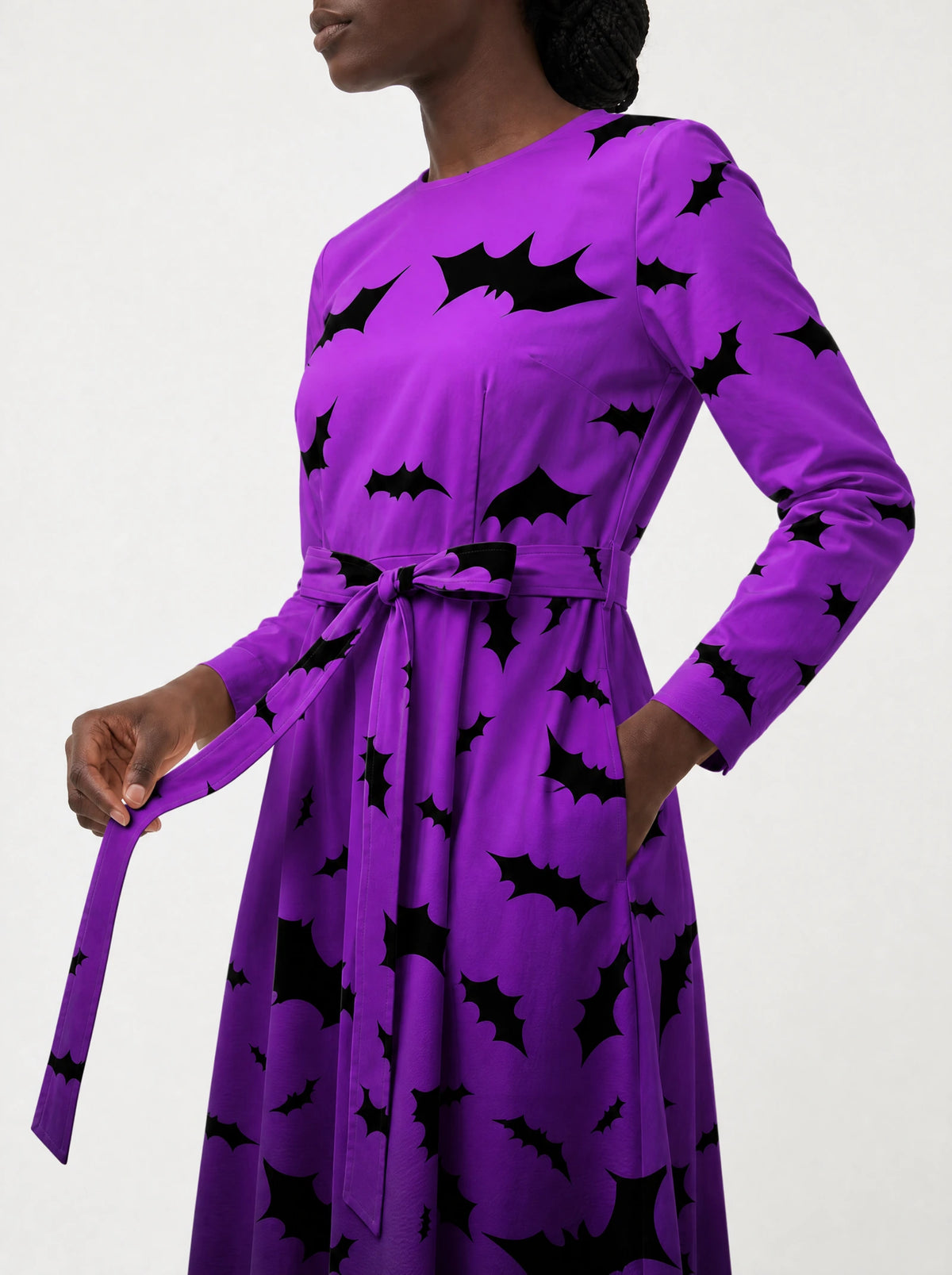 "Popo" Halloween Long Sleeve Midaxi Dress — close-up of the tie sash and the in-seam side pocket
