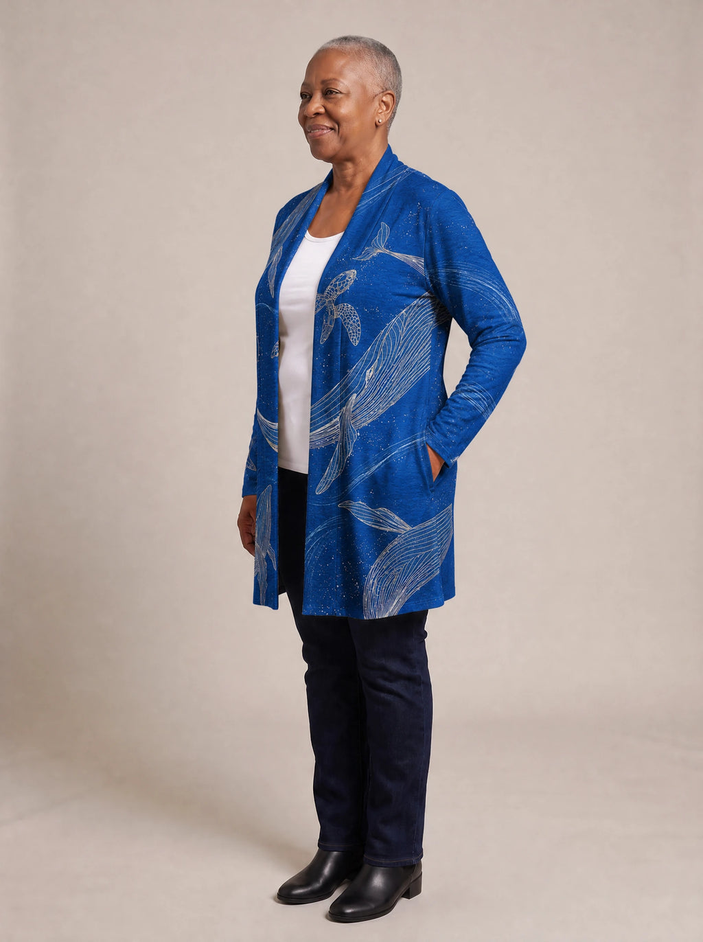 "Pwani" Long Cardigan — side view on model, hand in pocket