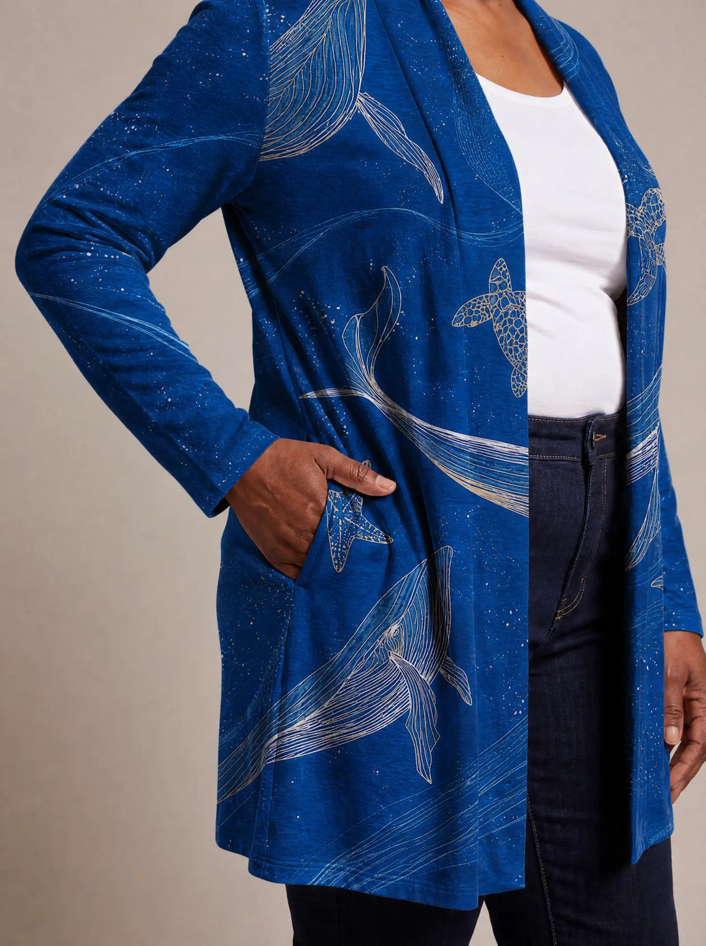 "Pwani" Long Cardigan — close-up of the hidden pocket