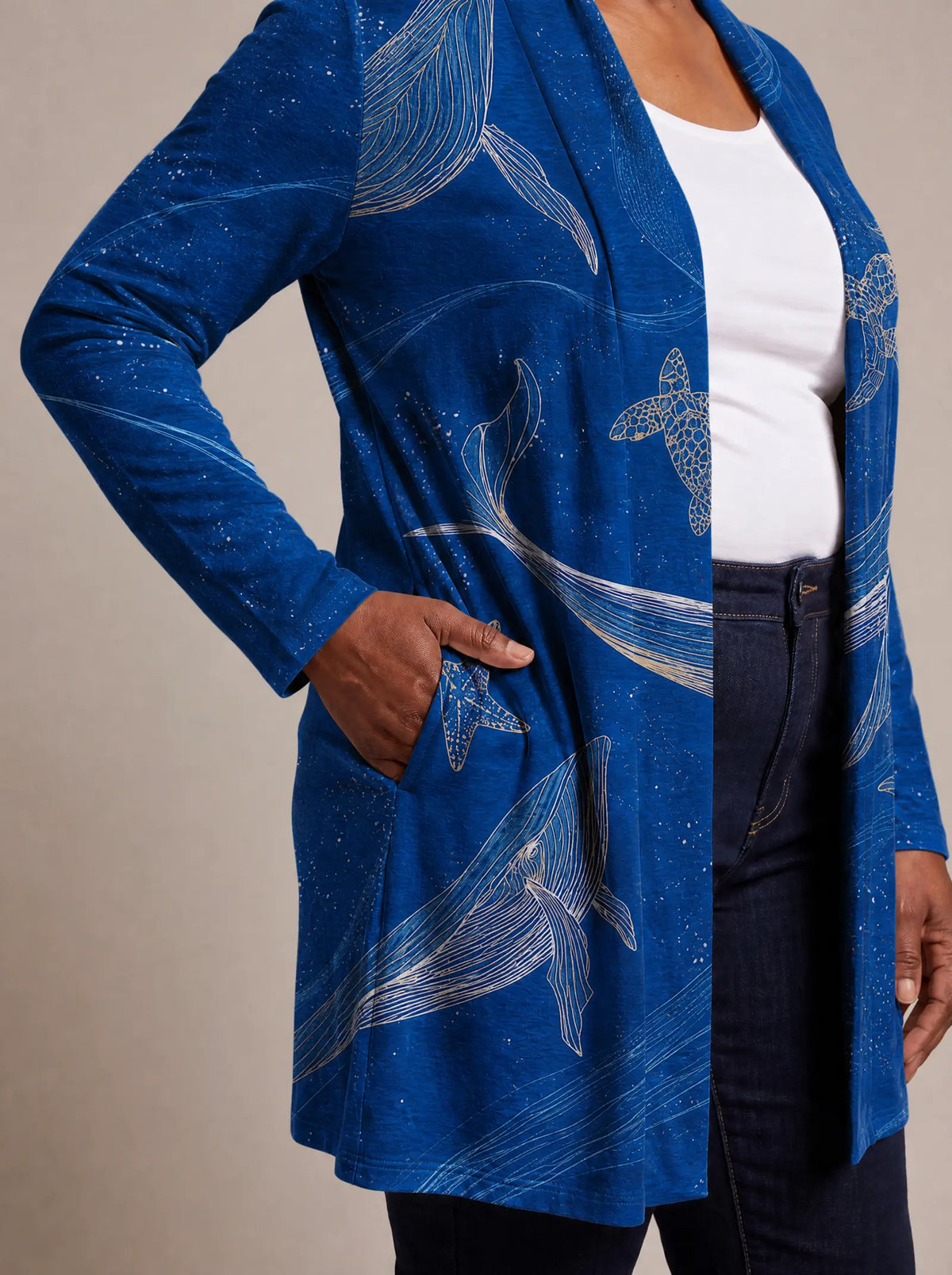 "Pwani" Long Cardigan — close-up of the hidden pocket