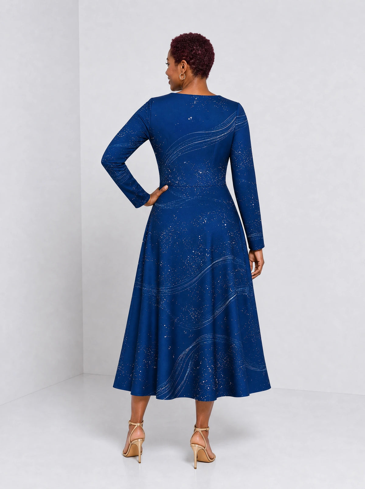 "Pwani" Long Sleeve Sweetheart Midi Dress — back view on model