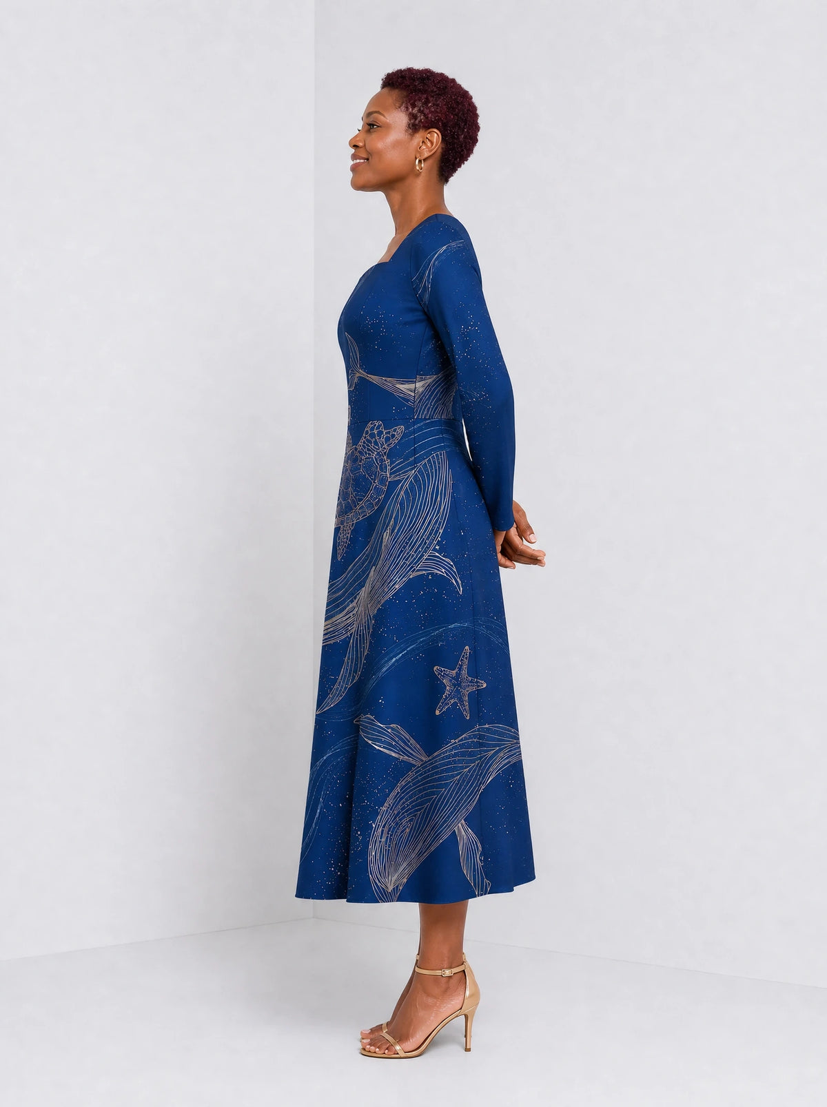 "Pwani" Long Sleeve Sweetheart Midi Dress — side view on model