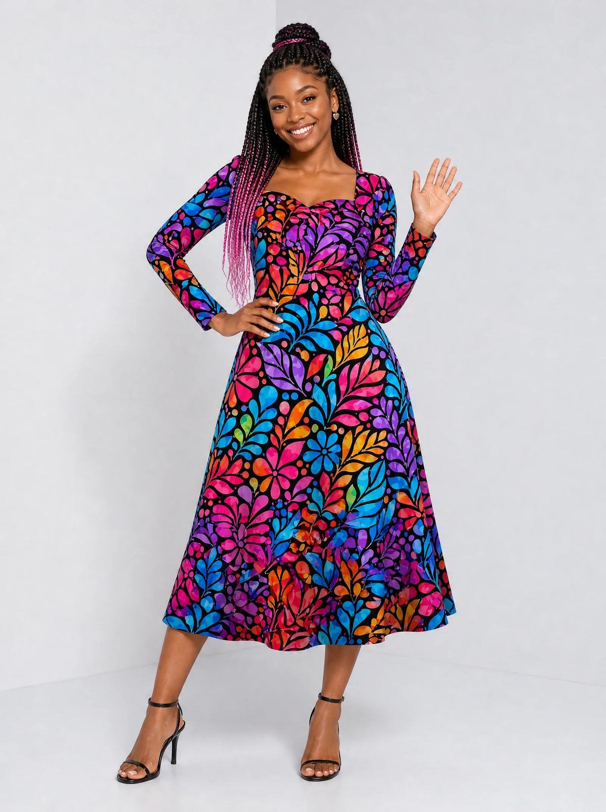 "Rangi" Long Sleeve Sweetheart Midi Dress — front view on model