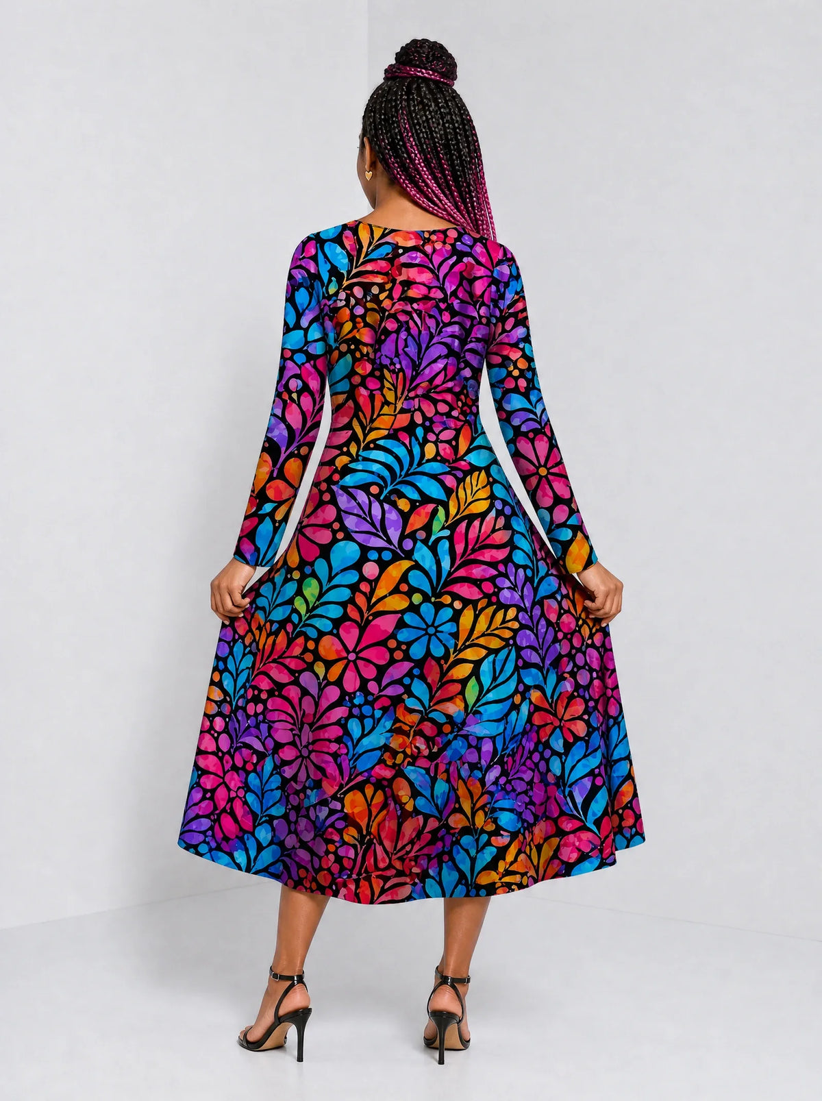 "Rangi" Long Sleeve Sweetheart Midi Dress — back view on model