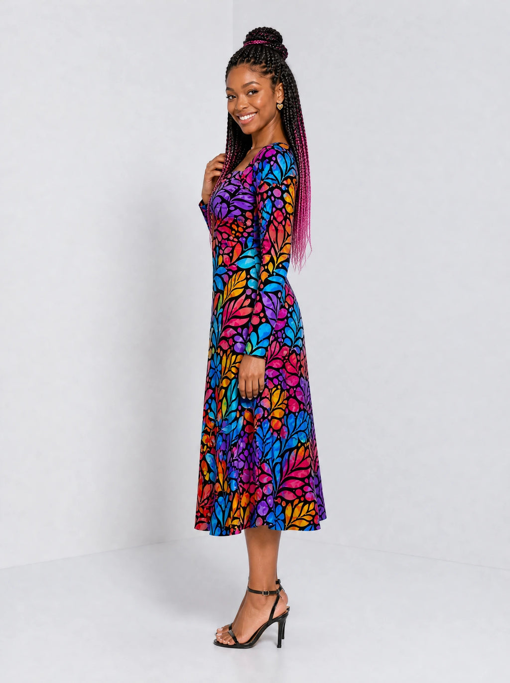 "Rangi" Long Sleeve Sweetheart Midi Dress — side view on model
