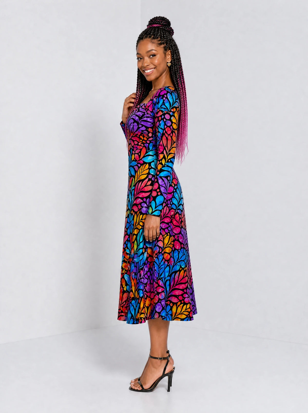 "Rangi" Long Sleeve Sweetheart Midi Dress — side view on model