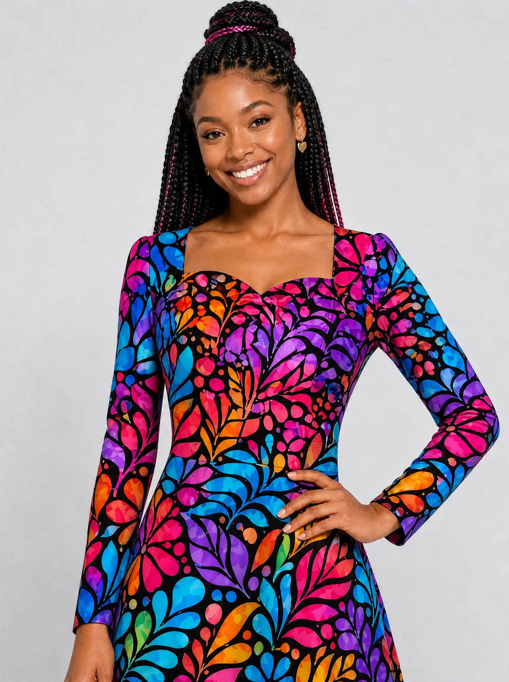 "Rangi" Long Sleeve Sweetheart Midi Dress — print close-up on model