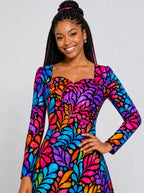 "Rangi" Long Sleeve Sweetheart Midi Dress — print close-up on model