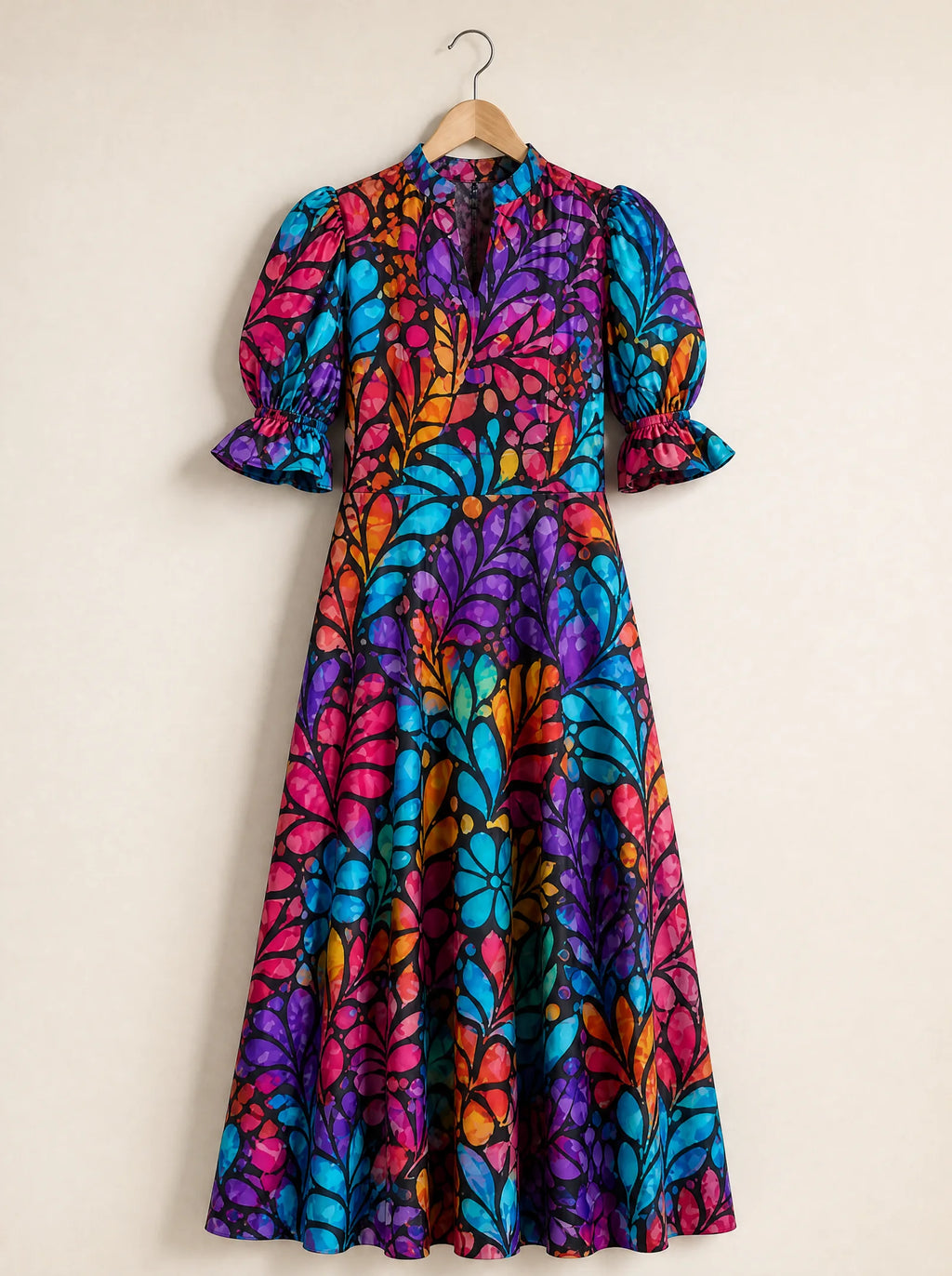"Rangi" Puff Sleeve Dress — the dress on a hanger, front