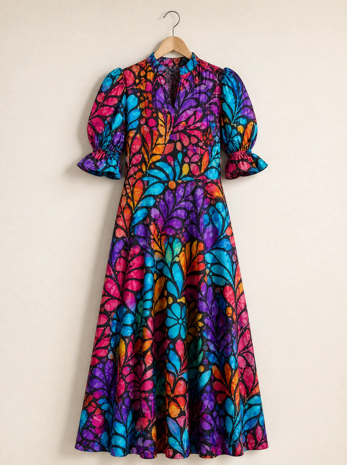 "Rangi" Puff Sleeve Dress — the dress on a hanger, front