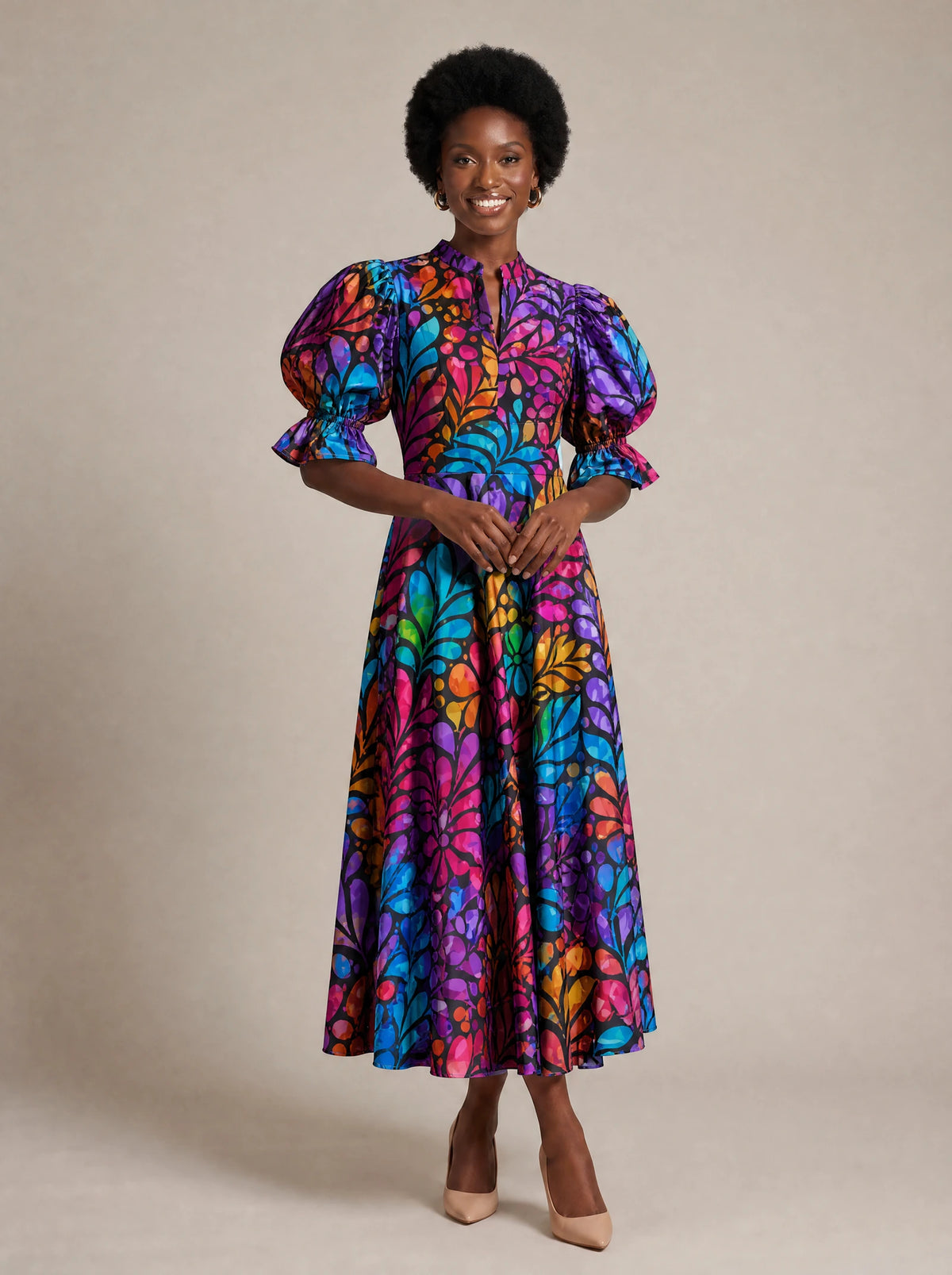 "Rangi" Puff Sleeve Dress — walking, three-quarter view on model