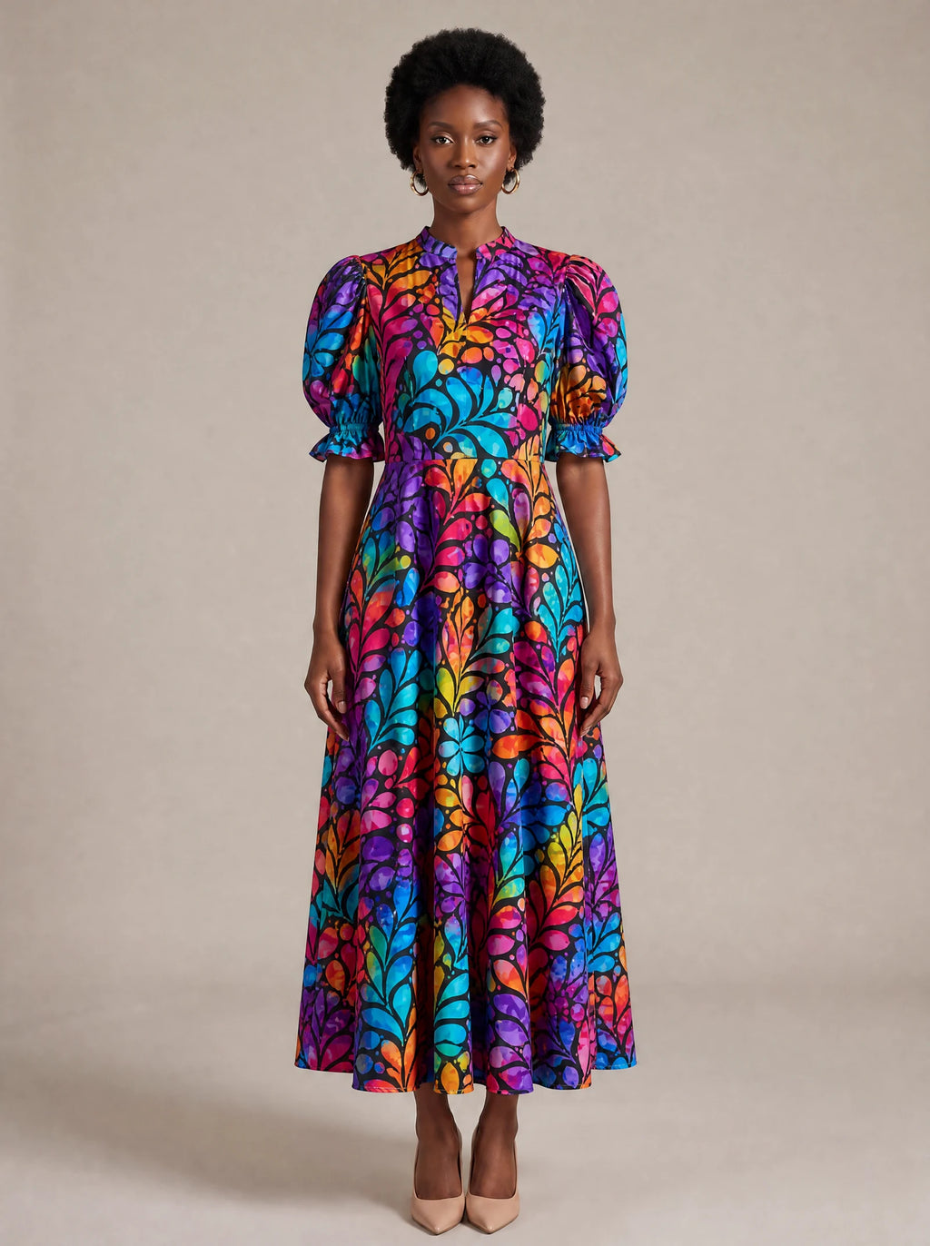 "Rangi" Puff Sleeve Dress — standing, angled view on model