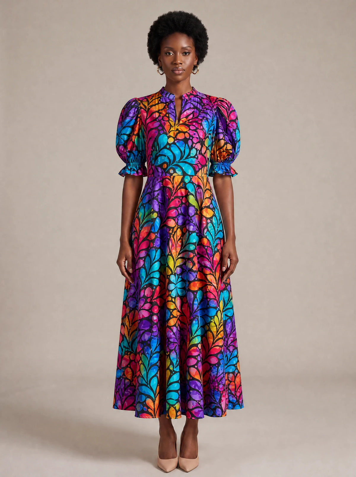 "Rangi" Puff Sleeve Dress — standing, angled view on model