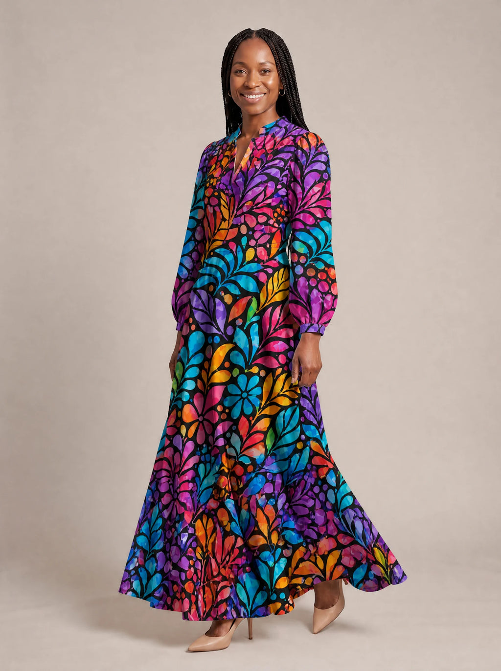 "Rangi" Puff Sleeve Maxi Dress — walking, three-quarter view on model
