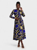 "Royal Blue Sheba" Long Sleeve Midaxi Dress — front view on model