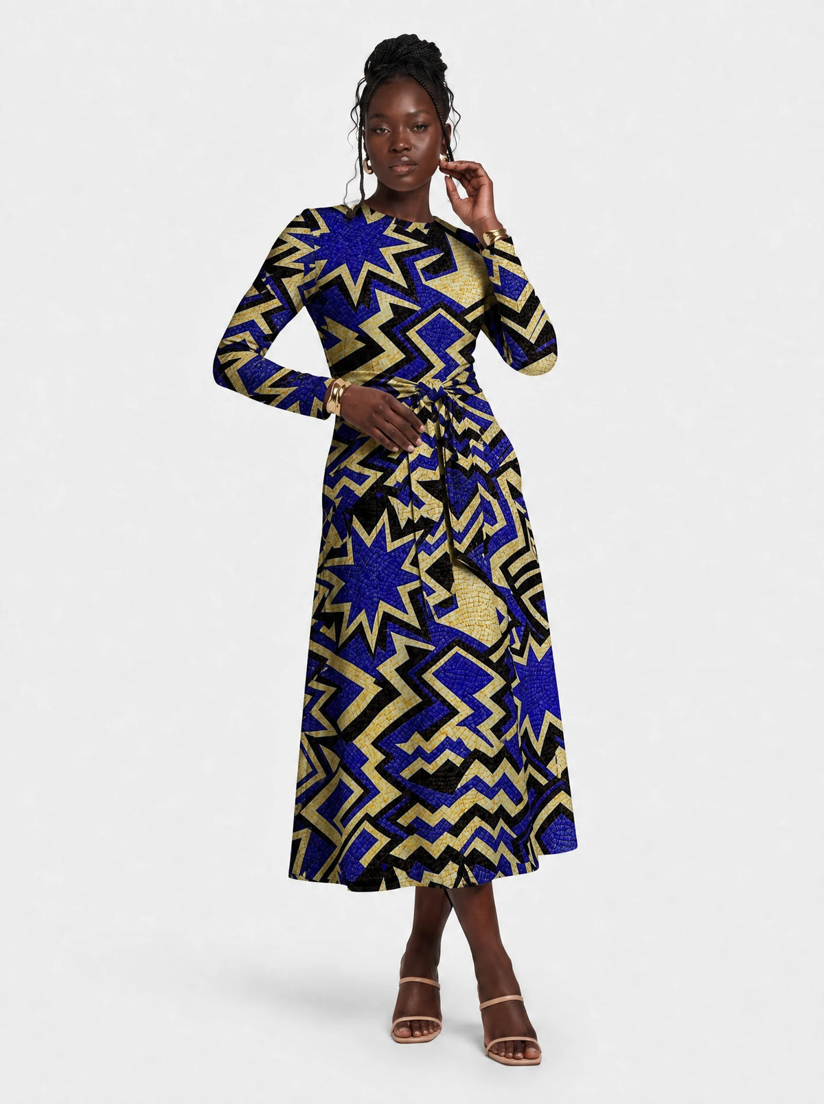 "Royal Blue Sheba" Long Sleeve Midaxi Dress — front view on model