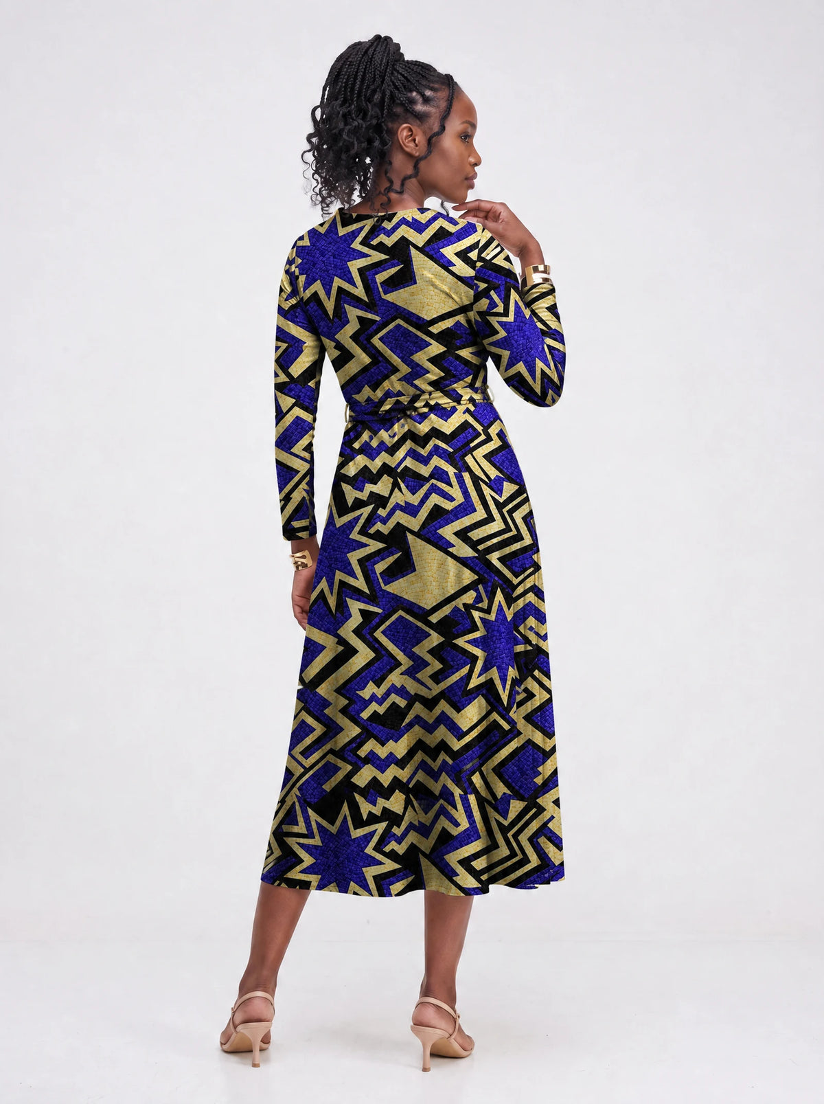 "Royal Blue Sheba" Long Sleeve Midaxi Dress — back view on model