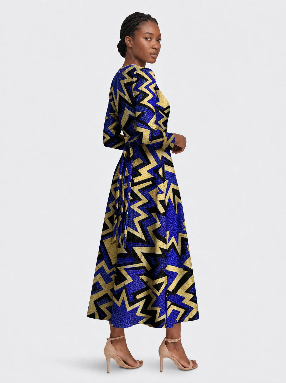 "Royal Blue Sheba" Long Sleeve Midaxi Dress — three-quarter view on model, hand in the side pocket