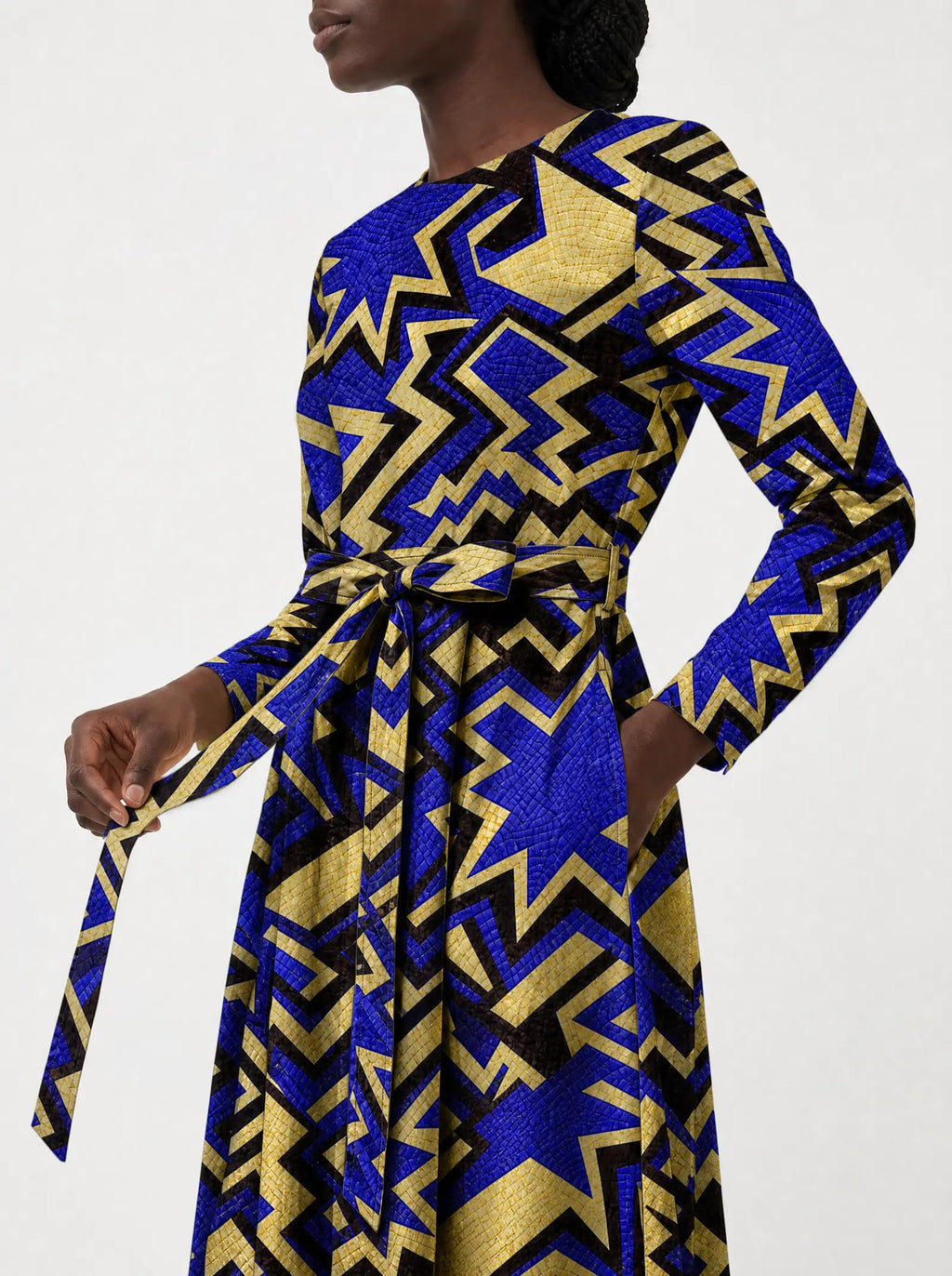 "Royal Blue Sheba" Long Sleeve Midaxi Dress — close-up of the tie sash and the in-seam side pocket