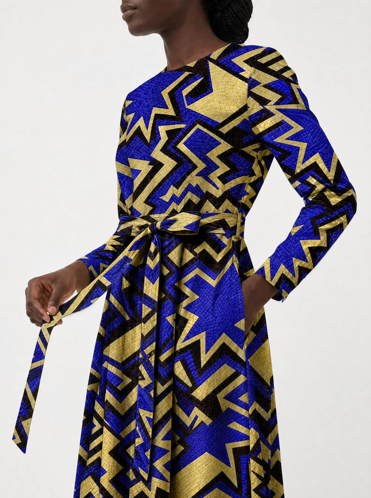 "Royal Blue Sheba" Long Sleeve Midaxi Dress — close-up of the tie sash and the in-seam side pocket